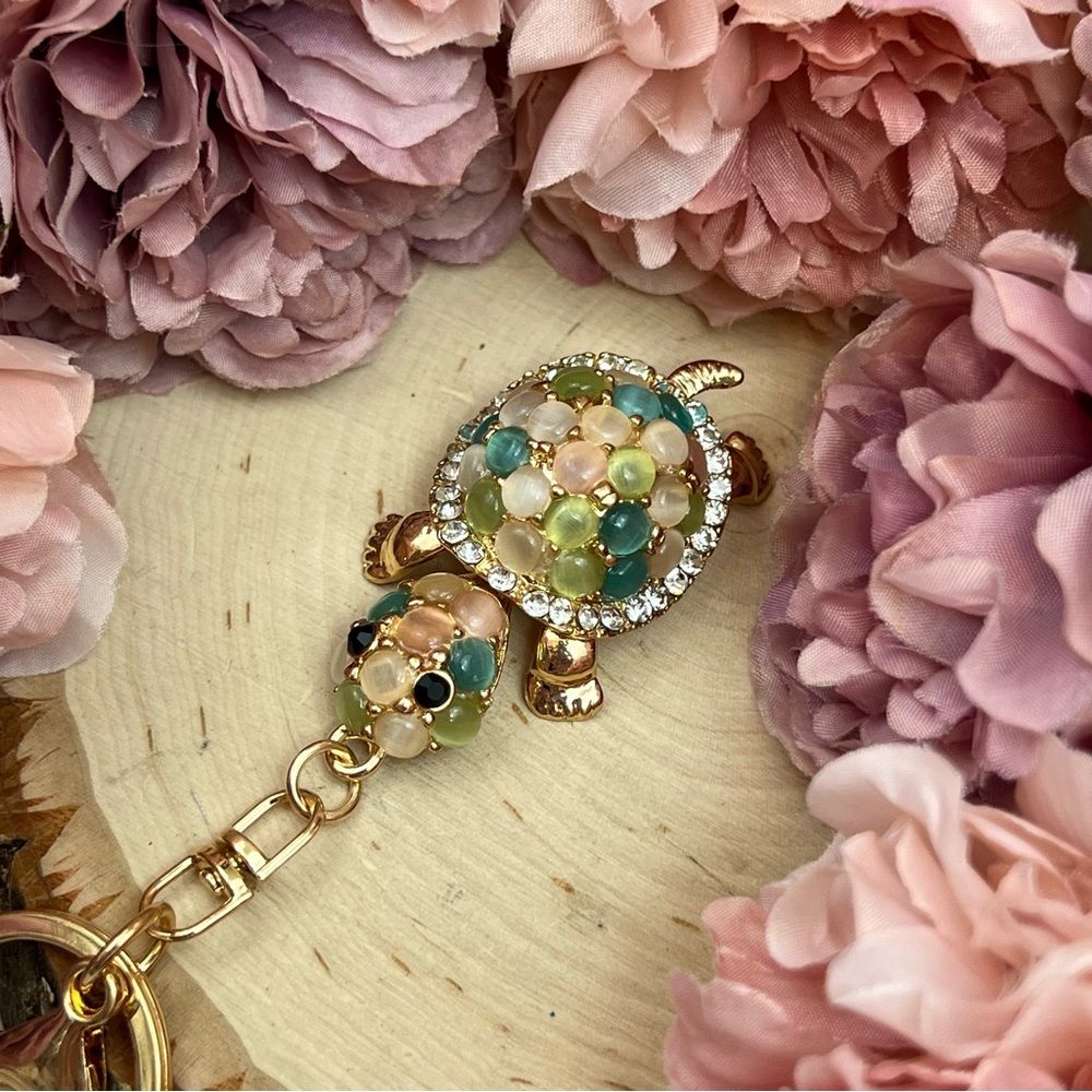 Gorgeous Crystal and Beaded Pastel Turtle Keychain Charm - Picture 10 of 16